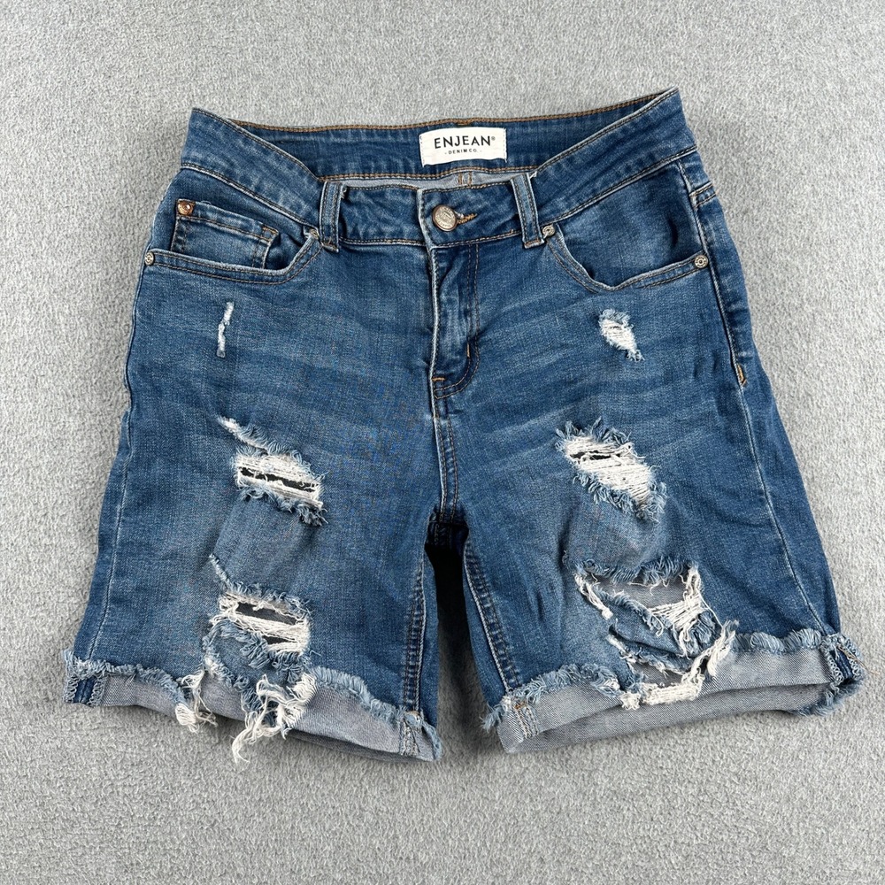 Enjean Denim Shorts Womens Size S ESP3191 Medium Blue Distressed Frayed Hem